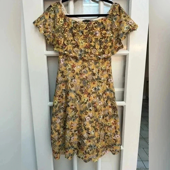 ALEX MARIE Anna Flounce Lace Off The Shoulder Yellow Floral Dress Size 4 Small - Picture 3 of 13
